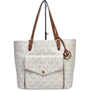 Michael Kors Jet Set Brown & White Large Flap Pocket Shoulder Tote Purse